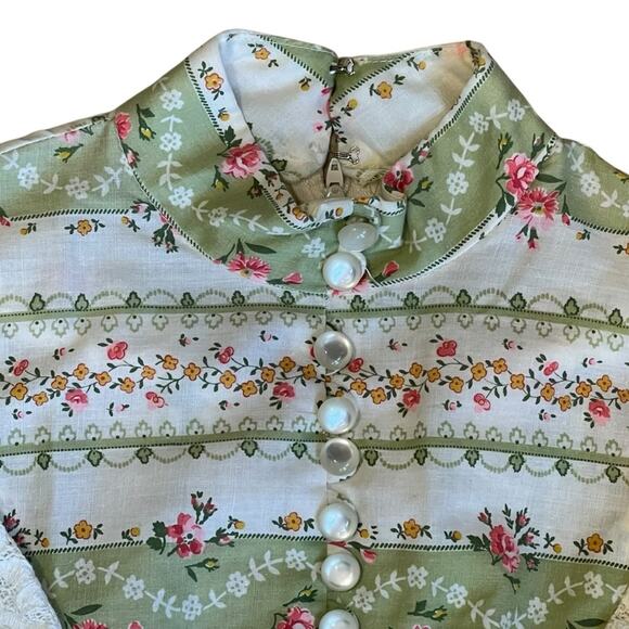 Vintage 1970s Vicki Vaughn Promenade XS Green Floral Prairie Ruffle Maxi Dress - Picture 6 of 16